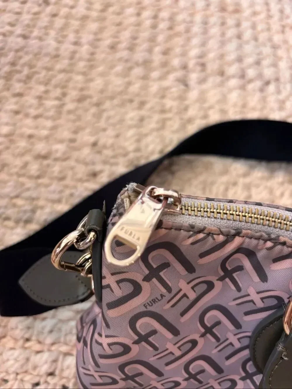 Furla Monogram Nylon Satchel Crossbody Bag Pink Green Stripe Designer Tote, $395
